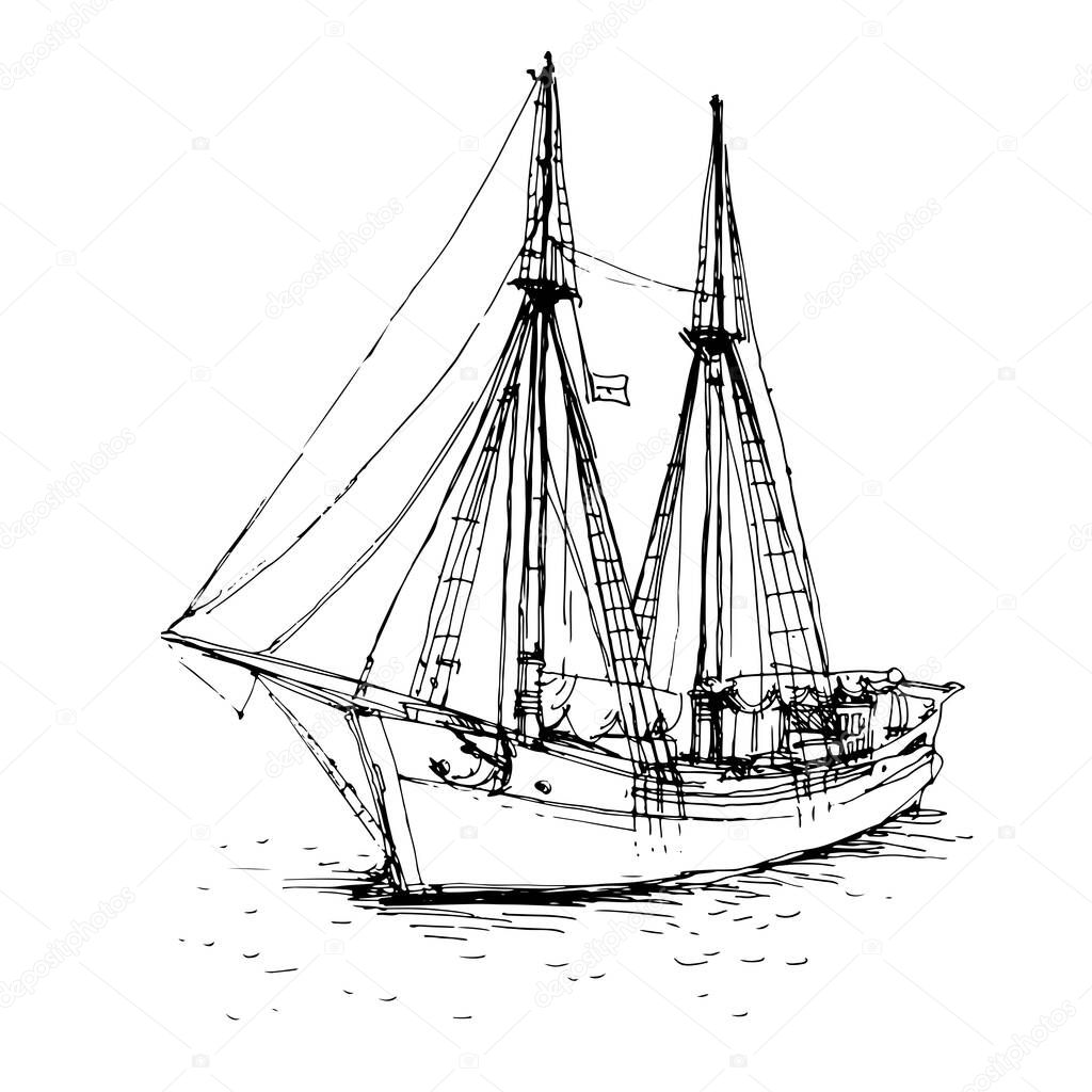 Vintage ship, boat in the sea. Hand drawn line art sketch. Black and white doodle vector illustration, design for coloring book page