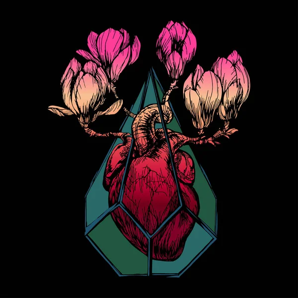 Corazón Atrapado Macetero Con Magnolia Brunches Flor Dibujo Tinta Ilustración — Archivo Imágenes Vectoriales