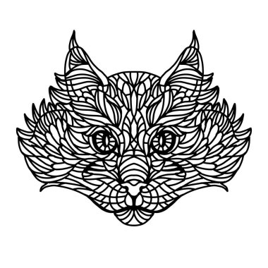 Kedi portresi stilize edilmiş. Boyama kitabı sayfası ve dövmesi için el çizimi, çizgi çizimi siyah ve beyaz karalama çizimi tasarımı