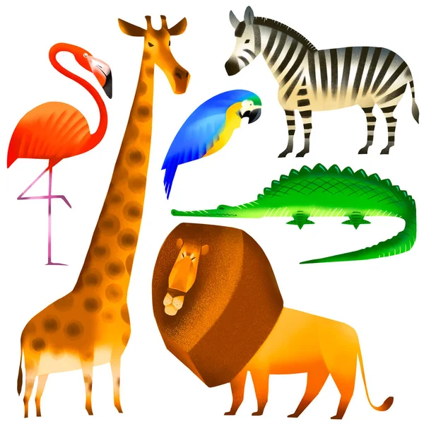 Dibujos Animados Animales Africanos Aves Personajes Conjunto Colección Ilustraciones Coloridas —  Fotos de Stock