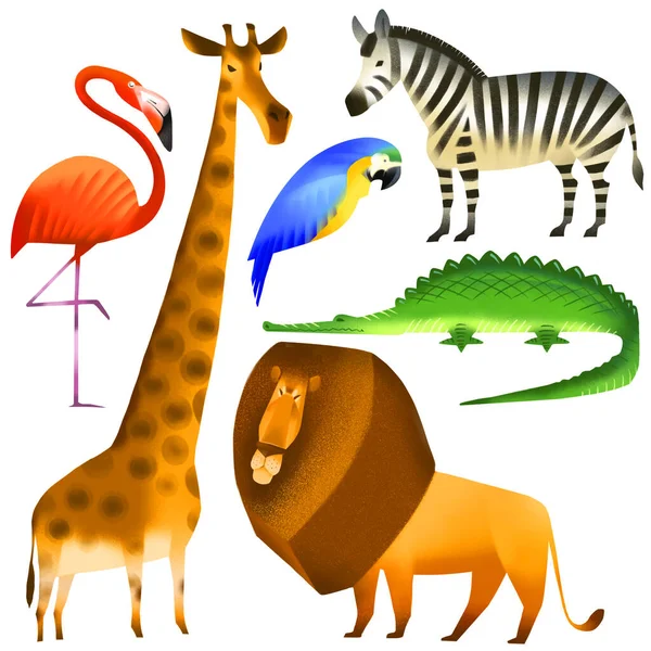 Cartoon African animals and birds characters collection set. Stylized colorful illustrations of lion, giraffe, crocodile, flamingo, parrot, zebra. isolated on white background.