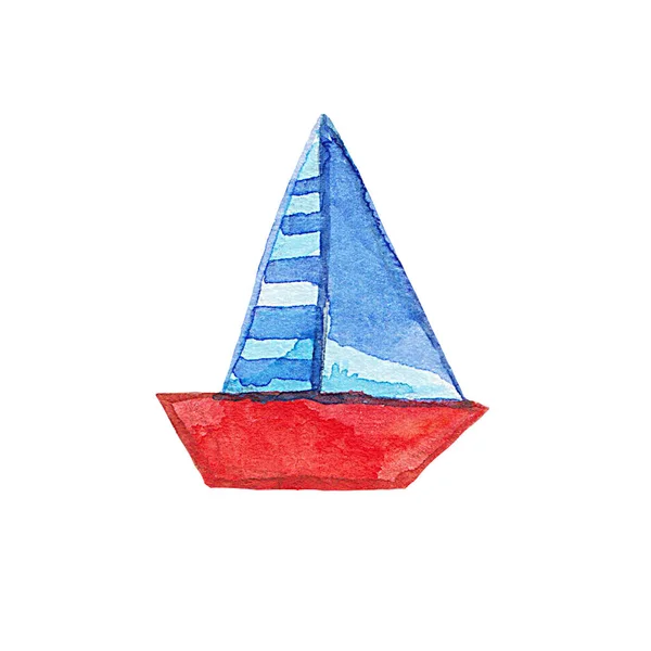 Oyuncak Çocuk Yelkenlisi Renkli Kırmızı Mavi Yat Tekne Gemi Suluboya — Stok fotoğraf