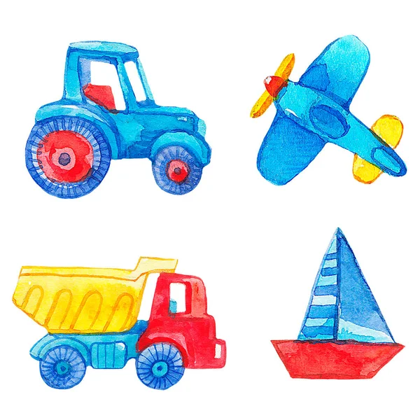 Kolekce Dětských Hraček Barevné Ikony Nákladní Automobil Traktor Letadlo Loď — Stock fotografie