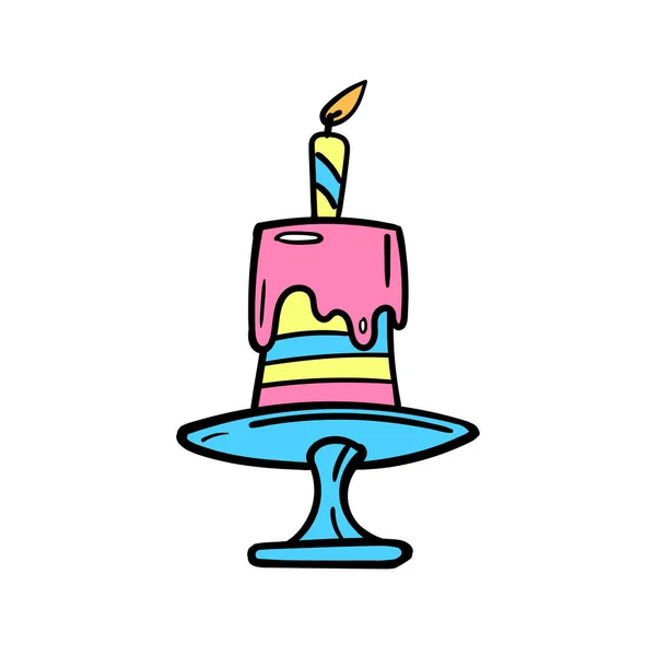 Födelsedag Tårta Med Ett Ljus Färgglada Ikon Klotter Hand Dras — Stockfoto