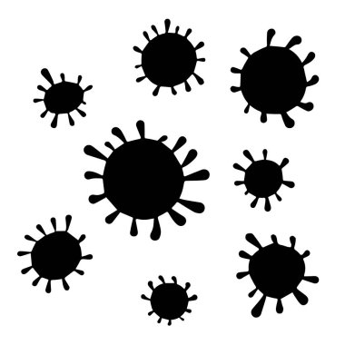 Corona virüsü siluetleri siyah ve beyaz. El çizimi karalama vektörü çizimi.