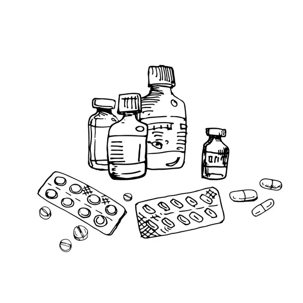 Medicine vials, bottles, pill packs, pills, tablets, vitamin capsule set. Pharmacy collection. Doodle stock vector illustration. Black and white outline hand drawn ink drawing.