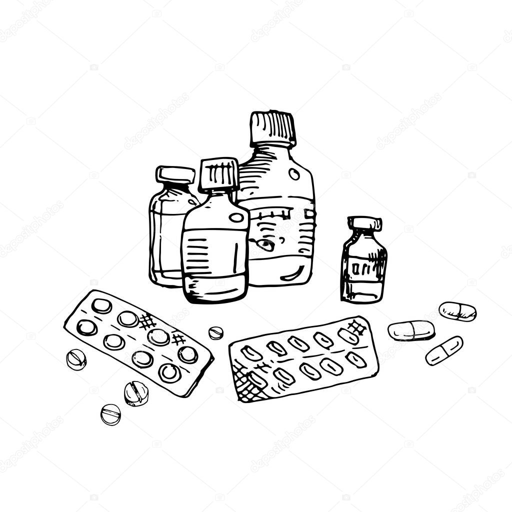 Medicine vials, bottles, pill packs, pills, tablets, vitamin capsule set. Pharmacy collection. Doodle stock vector illustration. Black and white outline hand drawn ink drawing.