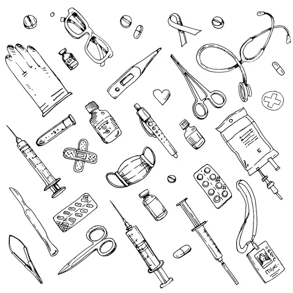 Kolekcja Instrumentów Medycznych Strzykawka Skalpel Lekarstwo Pigułki Pęseta Odznaka Rękawiczki — Zdjęcie stockowe