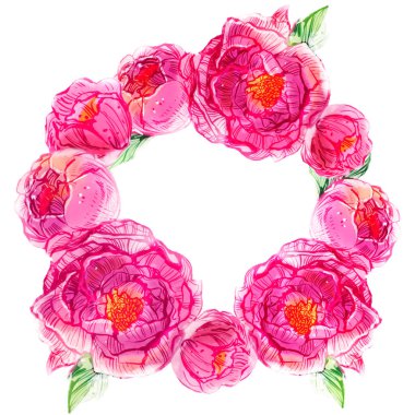 Çelenk etrafında suluboya pembe şakayık çiçekleri, beyaz arka planda yaban gülü çerçevesi. Poster ve düğün davetiyesi için çiçek tasarımı.