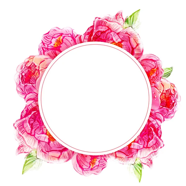 Aquarela Rosa Peônia Flores Armação Redonda Isolado Fundo Branco Design — Fotografia de Stock