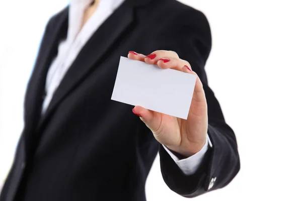 Female hand holding business card in office — Stock Photo, Image
