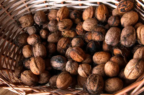 Nueces en canasta de mimbre. Espacio de copia — Foto de Stock