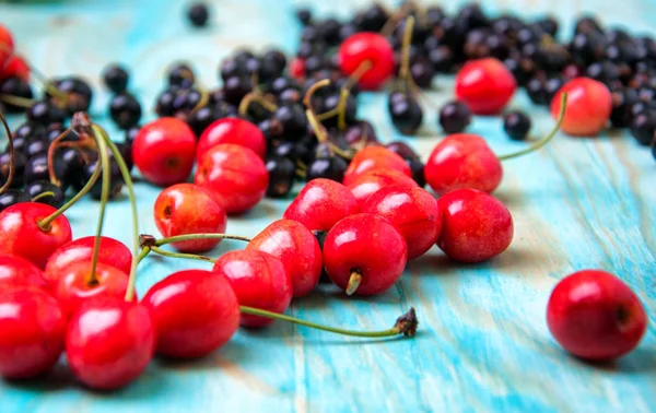 Cerises et groseilles sur fond bleu bois — Photo