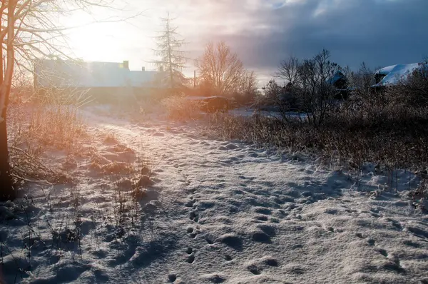 在冬天白雪覆盖的乡间小路上 — 图库照片