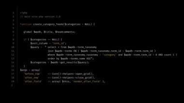 PHP Kaynak Kod Ekranı. 60 saniyelik rastgele PHP kodu. Bir bilgisayar ekranında kod çalıştırma veya oluşturma işlemini göstermek için ideal.