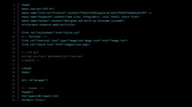 HTML Kaynak Kod Ekranı. 60 saniyelik rastgele HTML kodu. Bir bilgisayar ekranında kod çalıştırma veya oluşturma işlemini göstermek için ideal.
