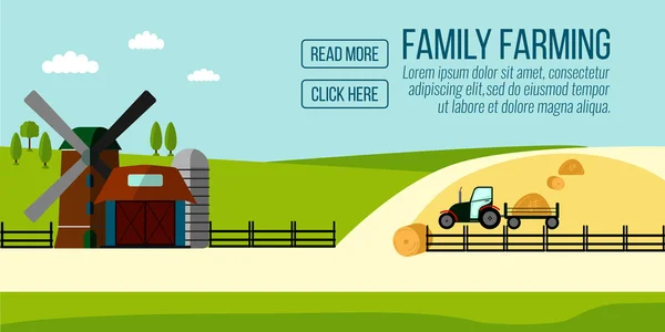 Famaly Farming banner. Agriculture Farming and Rural landscape background. Elements for info graphic, websites.Retro style banner. Vector illustration — Stock Vector