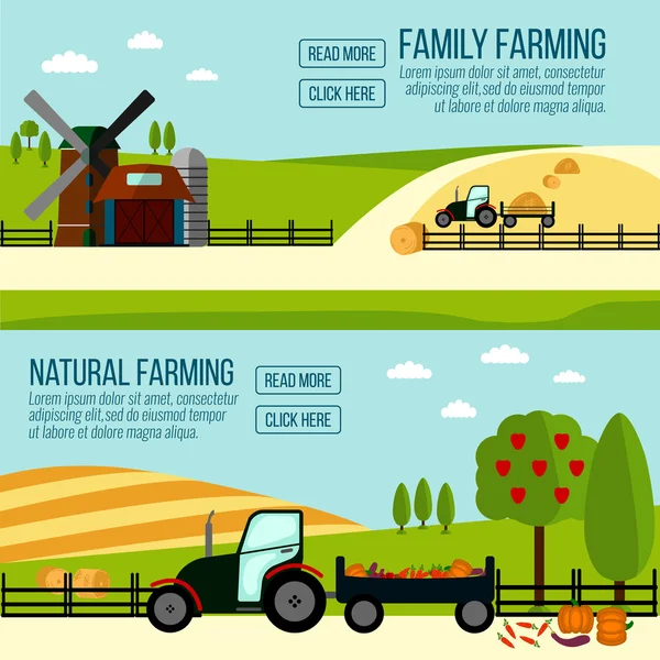 Bannière Agriculture Naturelle et Familiale. Agriculture Farming and Rural landscape background. Éléments pour l'info graphique, sites web.Bannière de style rétro. Illustration vectorielle — Image vectorielle