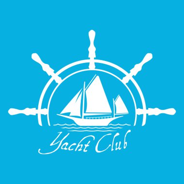 Dümen ile düz yat kulübü logosu simgesi. Tekne logo su üzerinde mavi arka plan ile. T-shirt tasarım metodolojisi. Vektör illüstrasyon işareti
