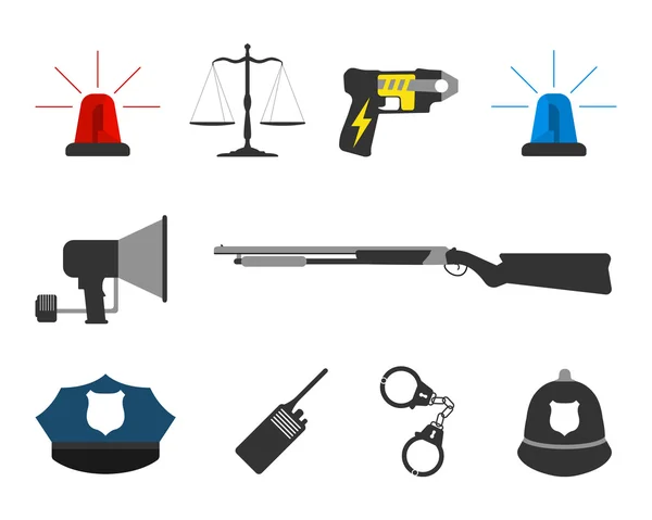 Rendőrség elemek berendezések ikonok gyűjteménye. Védelme és címke. Vektoros illusztráció — Stock Vector