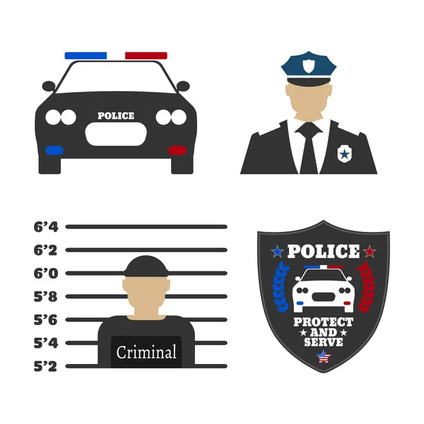 Coche de policía, letrero de policía, oficial, criminal. Elementos de los iconos del equipo policial. Proteger y servir la etiqueta. Ilustración vectorial — Vector de stock