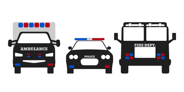 Vehículo de bomberos, ambulancia y policía. Elementos de los servicios de emergencia 911. Ilustración vectorial — Vector de stock