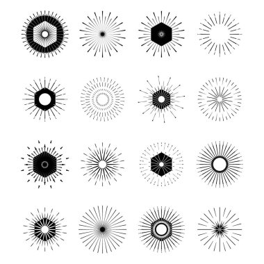 Retro şekiller güneş patlaması. Vintage logo, etiketleri, rozetleri. Vektör tasarım elemanları izole. En az siyah havai fişek patlama