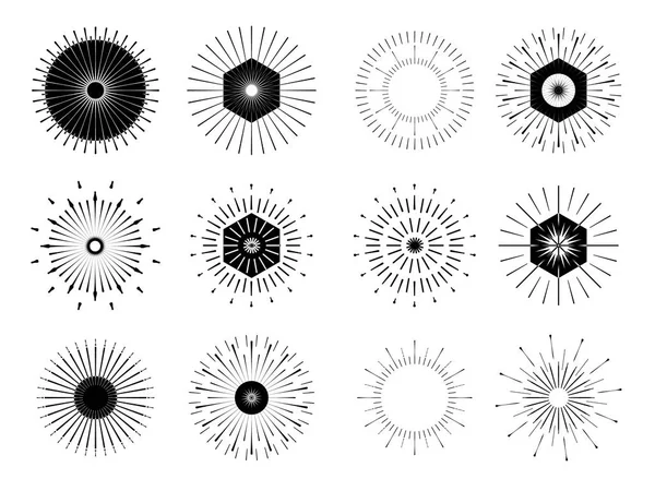 Il sole retrò esplode. Logo vintage, etichette, distintivi. Elementi di design vettoriale isolati. Fuoco d'artificio nero minimo — Vettoriale Stock