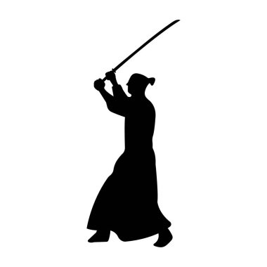 Samuray savaşçı siluet katana kılıcı ile. Vektör çizim
