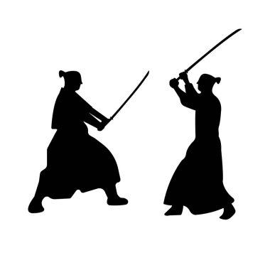 Ayarla, Samurai Warriors siluet katana kılıcı ile. Vektör çizim