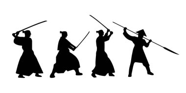 Ayarla, Samurai Warriors siluet katana kılıcı ile. Vektör çizim
