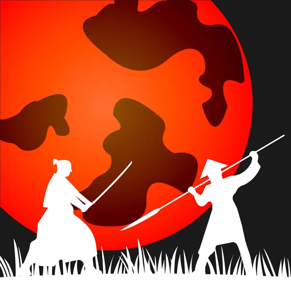 Samurai Guerrieri Giapponesi Silhouette con spada katana su sfondo Orange Sun. Illustrazione vettoriale — Vettoriale Stock