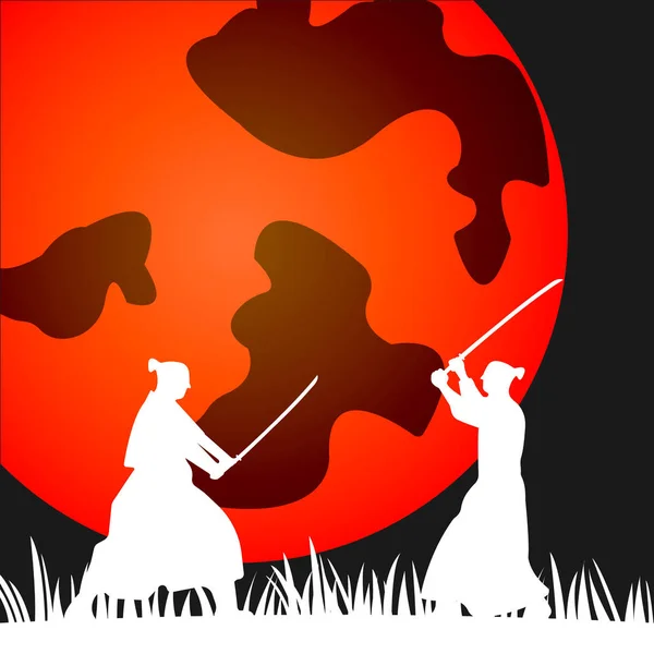 Samurai Guerrieri Giapponesi Silhouette con spada katana su sfondo Orange Sun. Illustrazione vettoriale — Vettoriale Stock