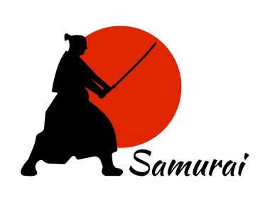 Japanese Samurai Warriors Silhouette with katana sword on Red Moon. Vector illustration clipart