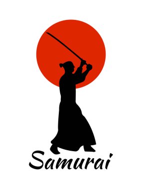 Red Moon katana kılıcı ile Japon Samurai Warriors siluet. Vektör çizim
