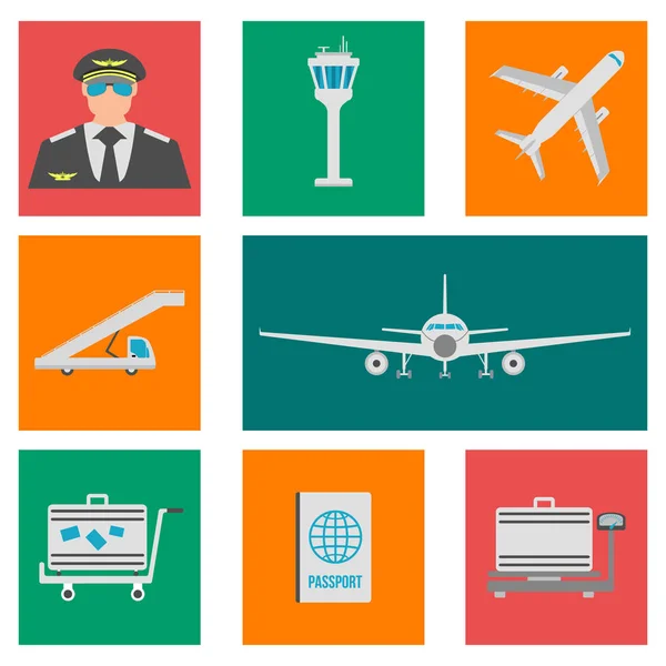 Set di icone piatte dell'aeroporto, segni e simbolo. Illustrazione vettoriale — Vettoriale Stock