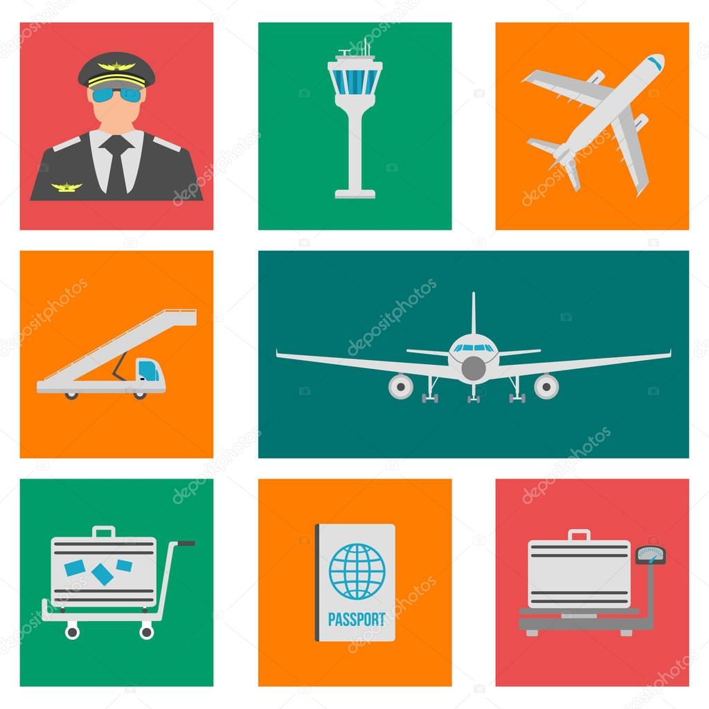 Set of airport flat icons, signs and symbol. Vector Illustration