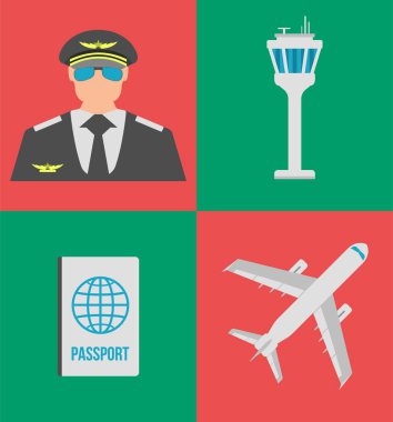 Havaalanı düz simgeler, işaretler ve sembol kümesi. Vektör çizim