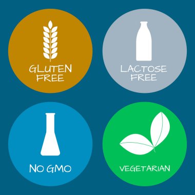 Gıda etiketleri - alerjenler, GDO ücretsiz ürün kümesi. Gıda intoleransı semboller koleksiyonu. Vektör çizim