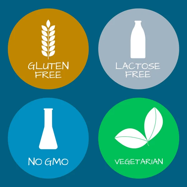 Conjunto de rótulos de alimentos - alérgenos, produtos livres de OGM. Intolerância alimentar coleção de símbolos. Ilustração vetorial —  Vetores de Stock