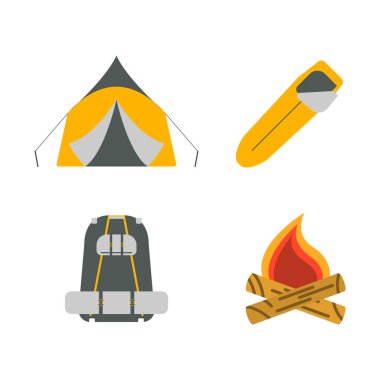 Çadır, kamp ateşi, sırt çantası, uyku tulumu düz simgeler. Turizm ekipmanları. Yolculuk web elemanları. Vektör çizim