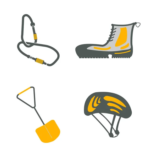 Carabina, botas de senderismo, pala, casco iconos planos. Equipamiento turístico. Elementos web de viaje. Ilustración vectorial — Vector de stock