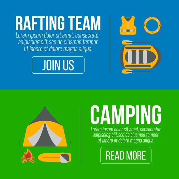 Rafting e Camping Banners. Equipamento de turismo e elementos web. Ilustração vetorial — Vetor de Stock