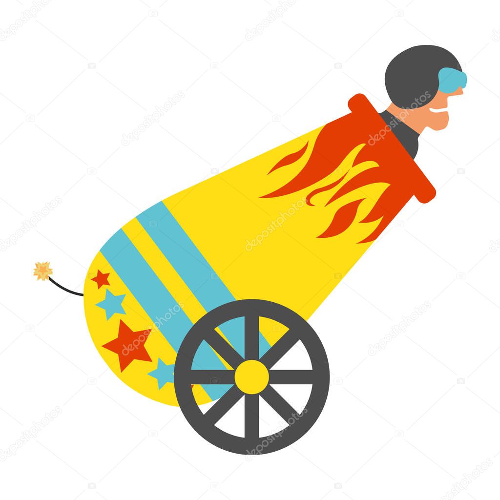 Circus cannon with human cannonball icon. Vintage Vector illustration.