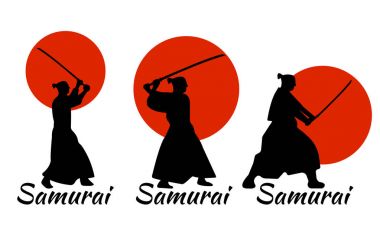 3 Japon Samurai Warriors siluet katana kılıcına kırmızı ile 
