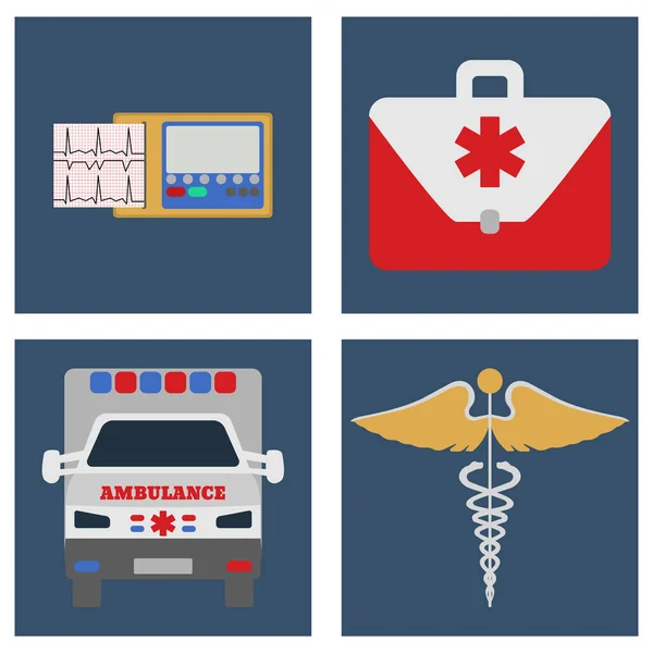 Ambulans Araba, EKG, ilk yardım çantası ve işareti. Nesne düz simgesi. Vektör çizim. — Stok Vektör