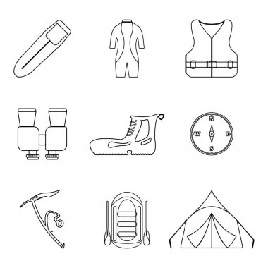 Icons collection hiking. Turizm ekipman anahat. Vektör çizim.