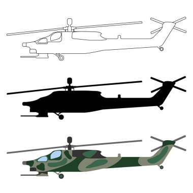 Helikopter siluet, çizgi film, anahat. Askeri teçhizat Icon set. Vektör çizim