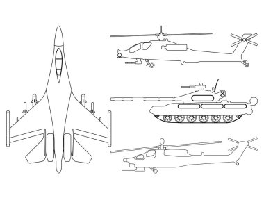 Avcı uçağı, tank, helikopter anahat. Askeri teçhizat Icon set. Vektör çizim