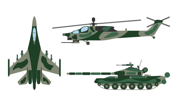 戦闘機、戦車、ヘリコプターの漫画。軍事機器のアイコンを設定します。ベクトル図 — ストックベクタ